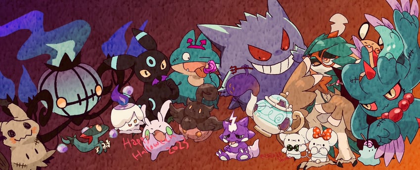 umbreon, gengar, mimikyu, litwick, chandelure, and 10 more (pokemon) drawn by zozozoshion
