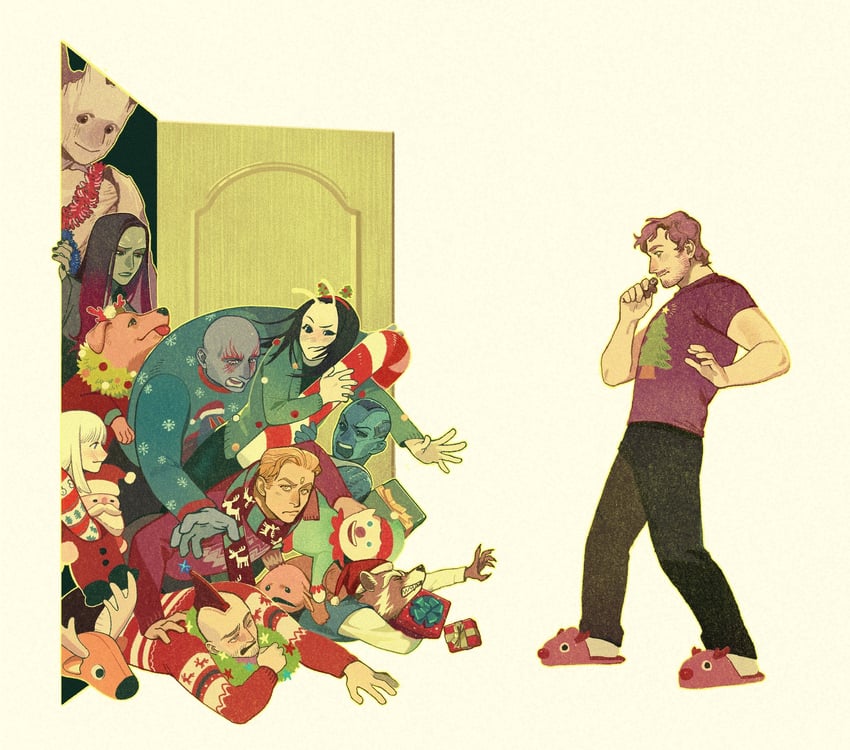 rocket raccoon, peter quill, mantis, groot, gamora, and 7 more (marvel and 3 more) drawn by hejidingye