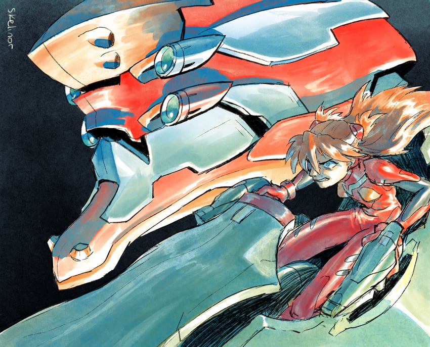 souryuu asuka langley and eva 02 (neon genesis evangelion) drawn by skelinor