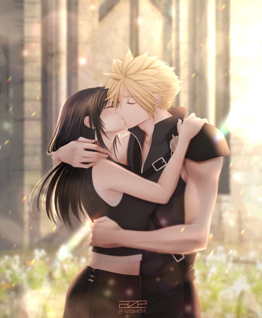 tifa lockhart, cloud strife, and fenrir (final fantasy and 2 more) drawn by azezazel