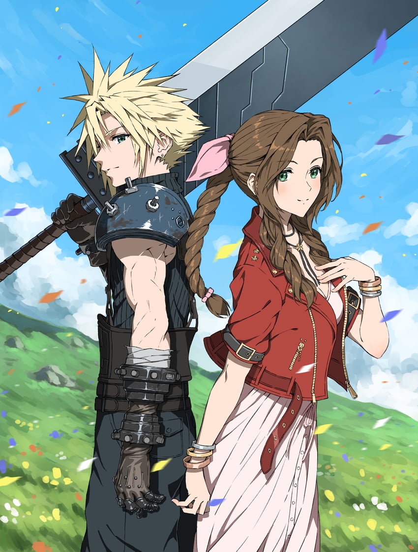 cloud strife and aerith gainsborough (final fantasy and 3 more) drawn by zupakyo