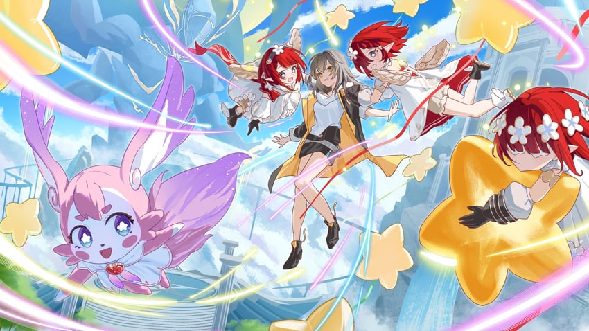 trailblazer, stelle, tribbie, trianne, trinnon, and 1 more (honkai and 1 more) drawn by aichry