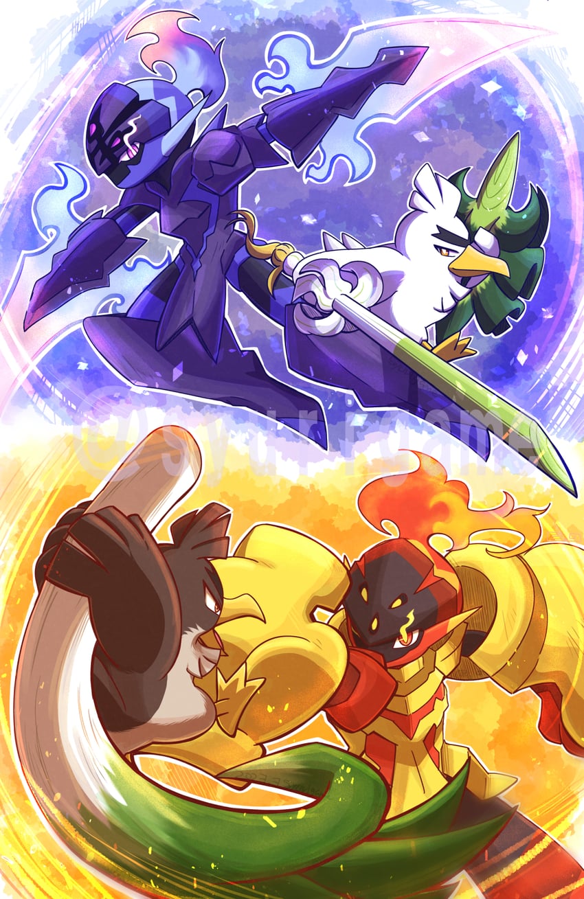 sirfetch'd, ceruledge, galarian farfetch'd, and armarouge (pokemon) drawn by shuri_(syurigame)