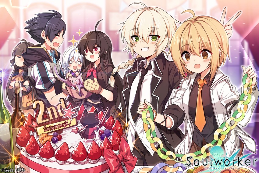 stella unibell, iris yuma, haru estia, lily bloomerchen, jin seipatsu, and 1 more (soulworker) drawn by maett