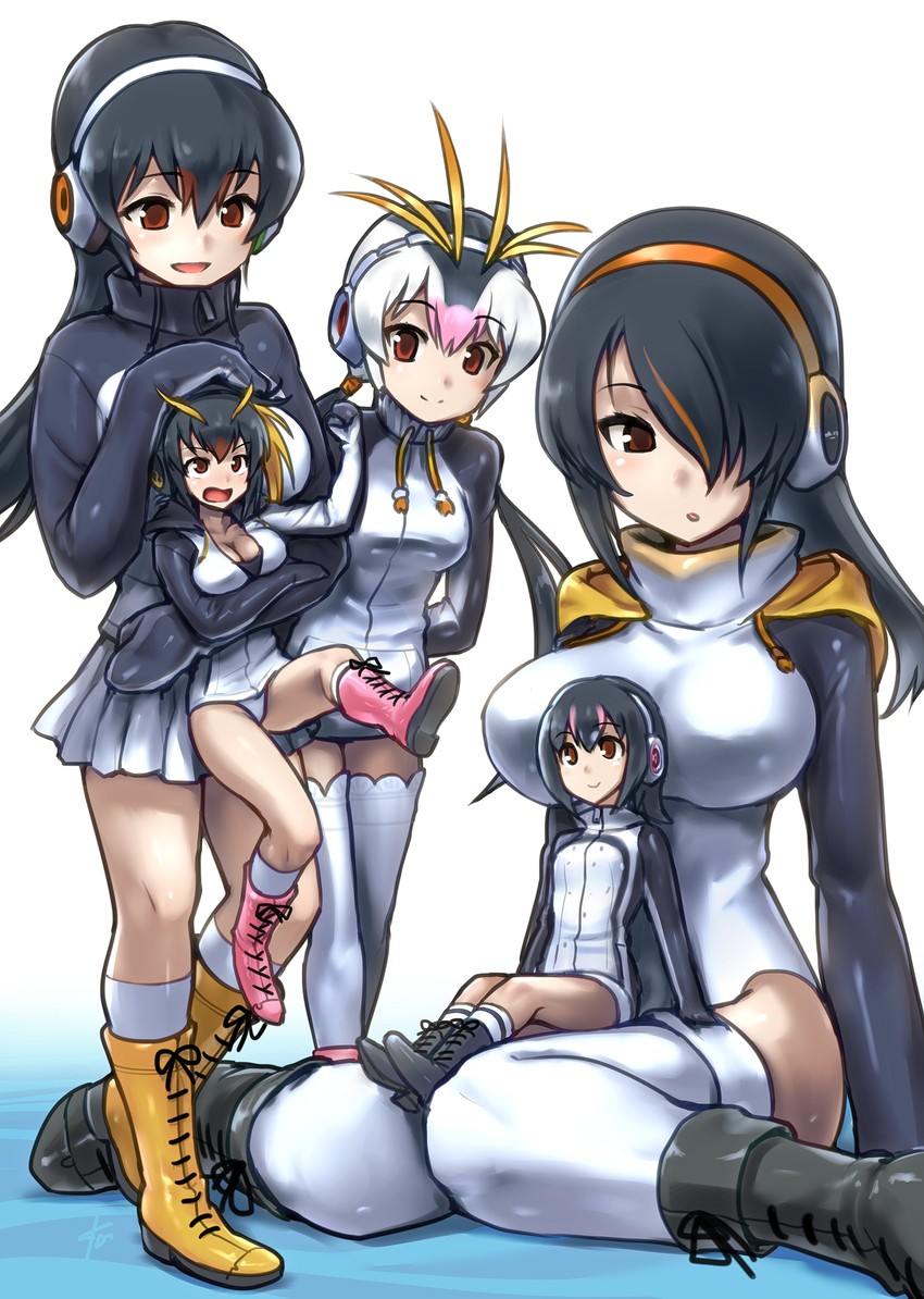 emperor penguin, humboldt penguin, royal penguin, rockhopper penguin, and gentoo penguin (kemono friends) drawn by ebizome