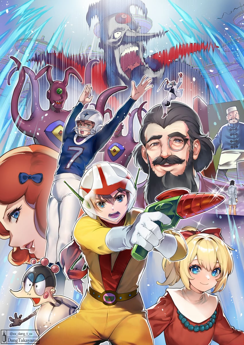izumi ken, izumi caron, bariquand, jural, maou, and 2 more (chargeman ken!) drawn by takayama_dan