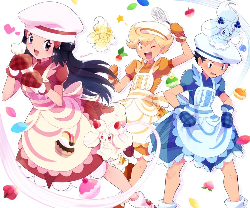 lucas, alcremie, barry, and dawn (pokemon and 2 more) drawn by sawarabi_(sawarabi725)