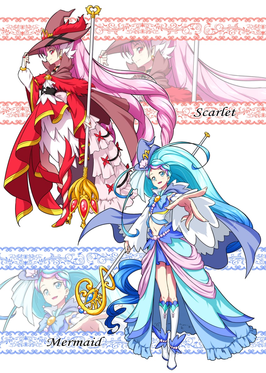 kaidou minami, akagi towa, cure mermaid, and cure scarlet (precure and 2 more) drawn by matatabi_(karukan222)