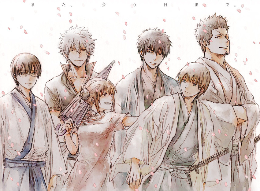 sakata gintoki, kagura, okita sougo, hijikata toushirou, shimura shinpachi, and 1 more (gintama) drawn by acaco