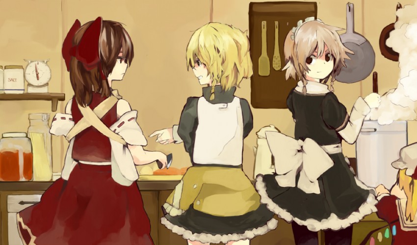 hakurei reimu, kirisame marisa, flandre scarlet, and izayoi sakuya (touhou) drawn by sigeyama
