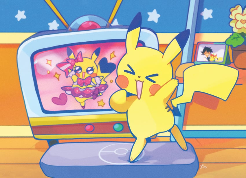 pikachu, ash ketchum, cosplay pikachu, and pikachu pop star (pokemon and 2 more) drawn by kitchupsandwich