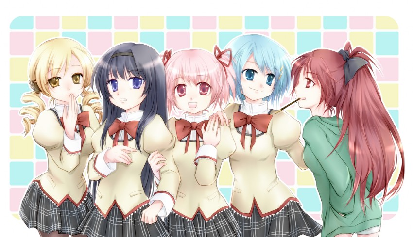 akemi homura, kaname madoka, miki sayaka, sakura kyoko, and tomoe mami (mahou shoujo madoka magica) drawn by saya_(chocolate_capsule)