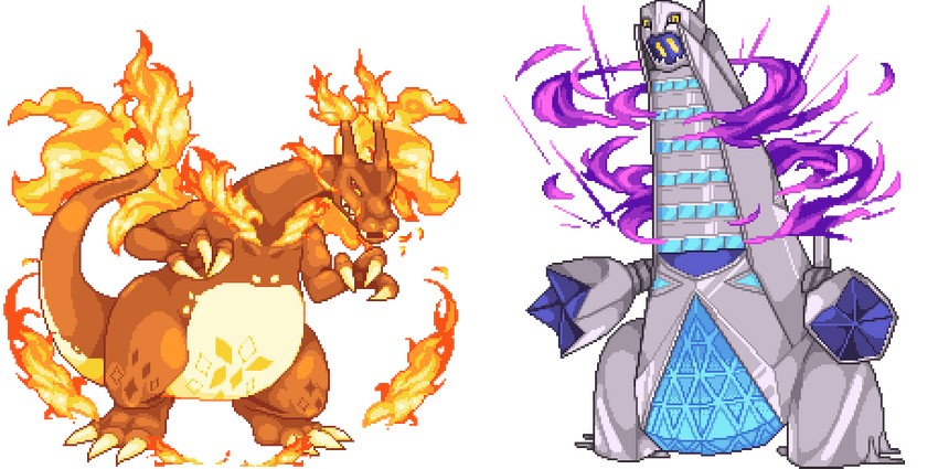 charizard, duraludon, gigantamax charizard, and gigantamax duraludon (pokemon) drawn by k-shiki