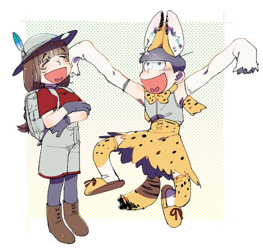 serval, kaban, matsuno jyushimatsu, and jyushimatsu's girlfriend (kemono friends and 2 more) drawn by ojima_(ojimadou)