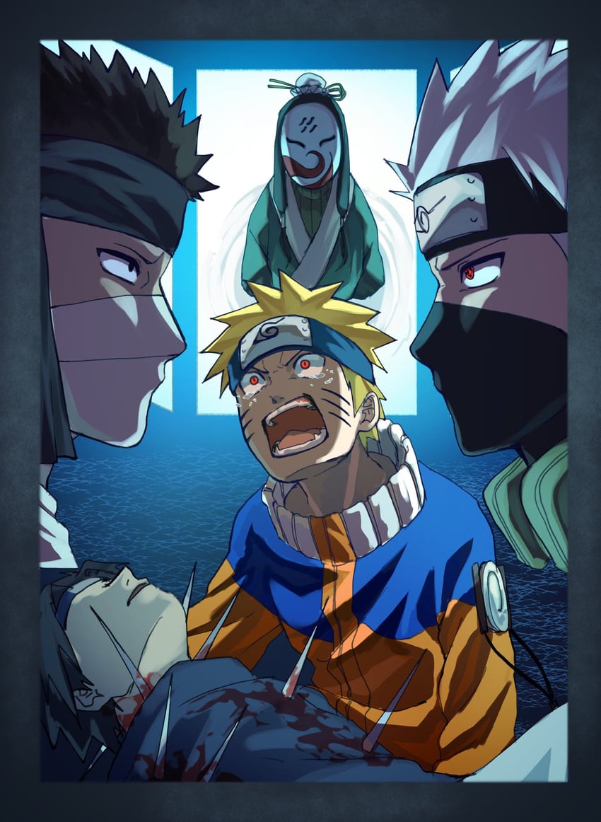 uzumaki naruto, uchiha sasuke, hatake kakashi, haku, and momochi zabuza (naruto) drawn by pnpk_1013