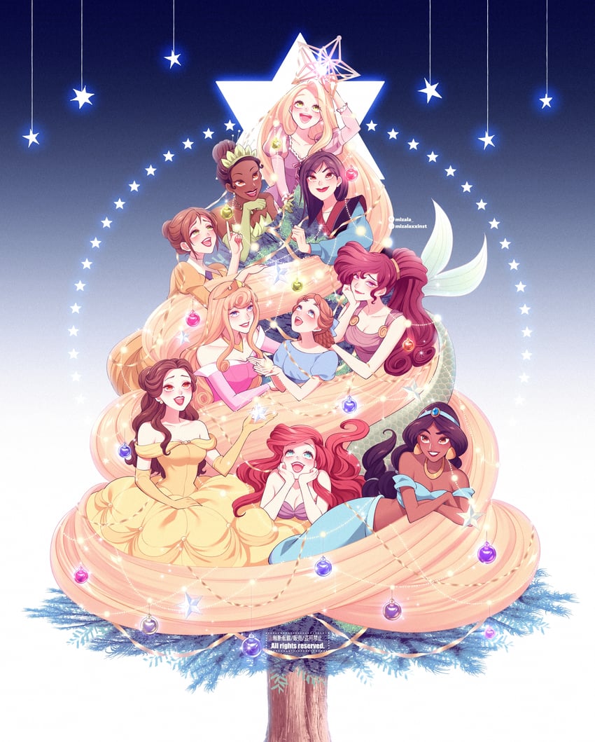 ariel, rapunzel, jasmine, belle, aurora, and 5 more (disney and 11 more) drawn by mizala