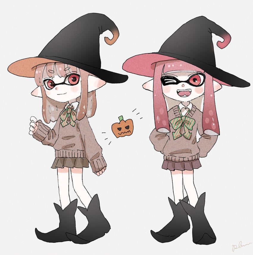 inkling player character and inkling girl (splatoon) drawn by plum0o0