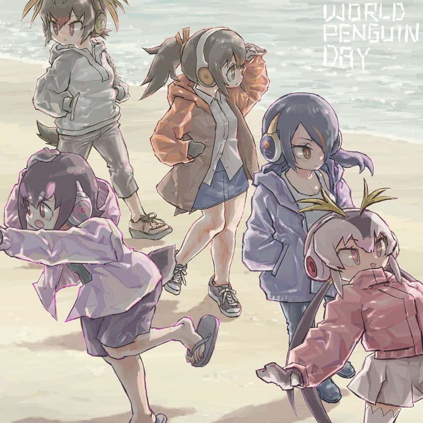 emperor penguin, humboldt penguin, royal penguin, rockhopper penguin, and gentoo penguin (kemono friends) drawn by bara_bara_(pop_pop)