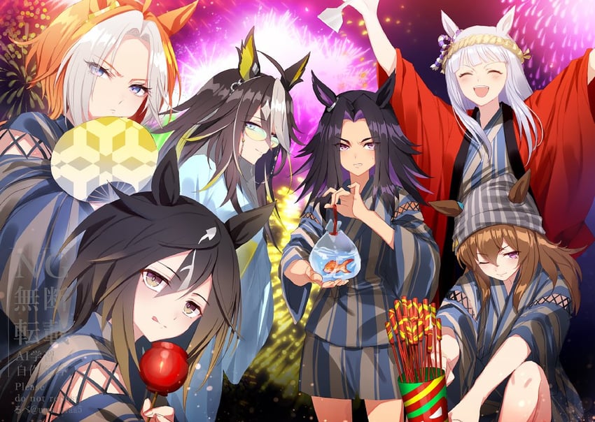 gold ship, nakayama festa, orfevre, dream journey, fenomeno, and 1 more (umamusume) drawn by romi_(346_ura)