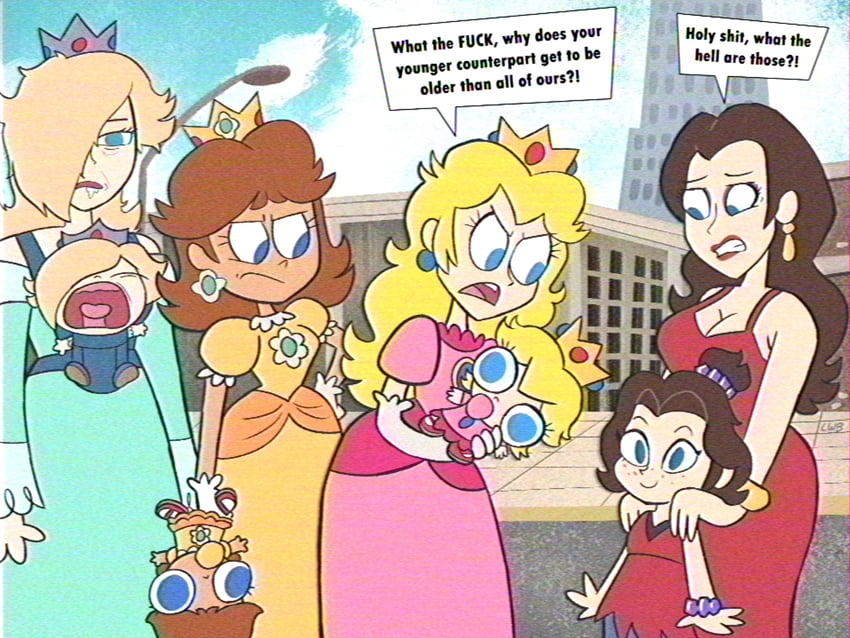 princess peach, rosalina, princess daisy, pauline, baby peach, and 2 more (mario and 3 more) drawn by lolwutburger