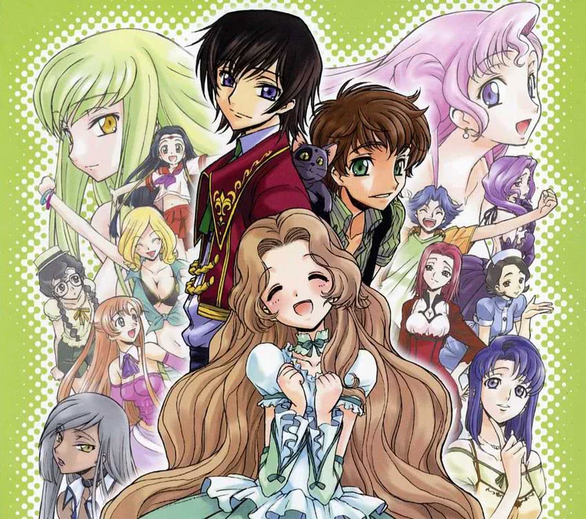 c.c., lelouch vi britannia, kouzuki kallen, kururugi suzaku, nunnally vi britannia, and 9 more (code geass) drawn by kimura_takahiro and ookouchi_ricca