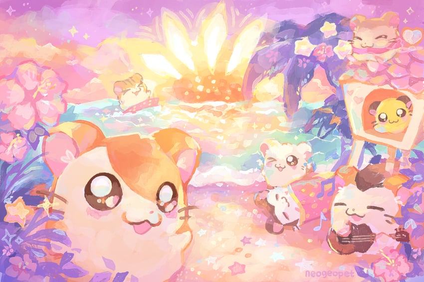 hamtaro, ribbon, chibimaru-chan, torahamu-chan, neteru, and 2 more (hamtaro) drawn by neogeopet