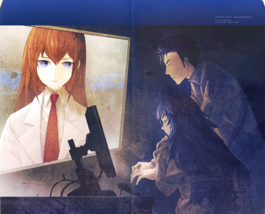 makise kurisu, okabe rintarou, and hiyajou maho (steins;gate and 1 more) drawn by huke