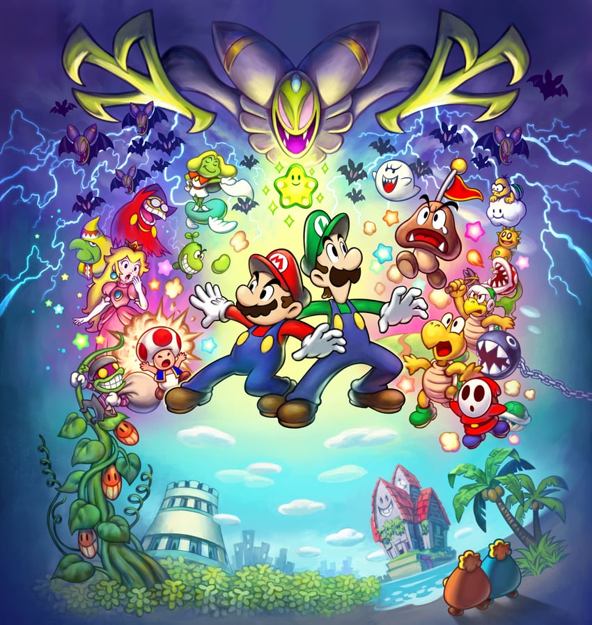 princess peach, mario, luigi, boo, toad, and 17 more (mario and 2 more) drawn by masanori_sato
