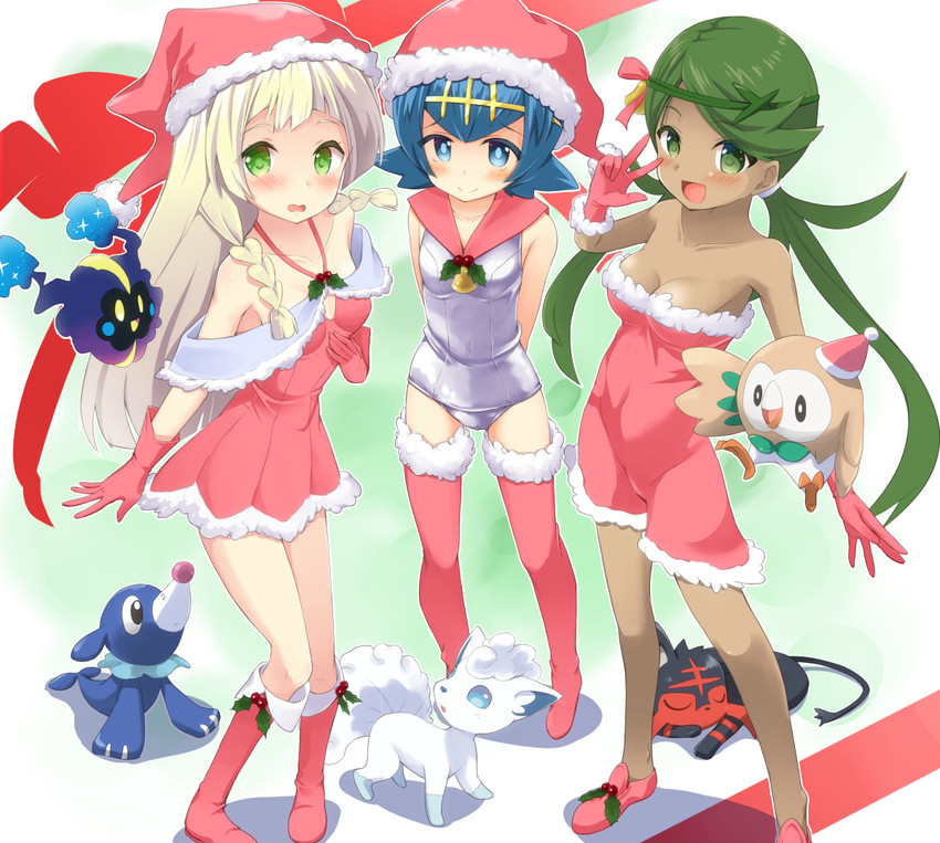 lillie, rowlet, lana, mallow, popplio, and 3 more (pokemon and 1 more) drawn by tenjou_ryuka