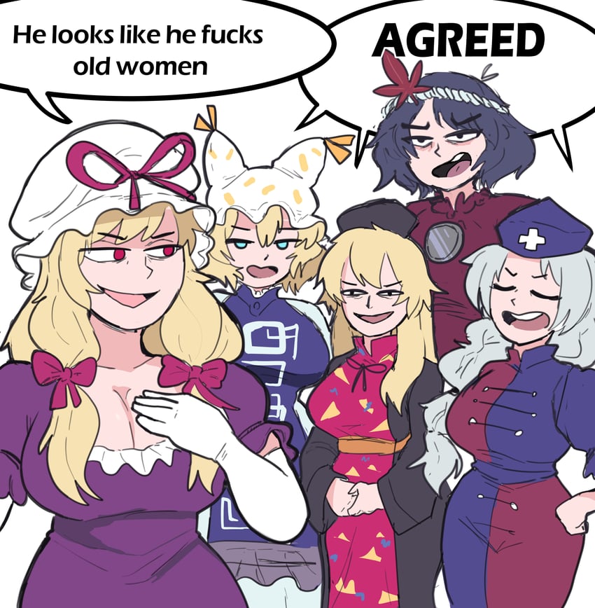 yakumo yukari, yakumo ran, yasaka kanako, yagokoro eirin, and junko (touhou) drawn by japvs