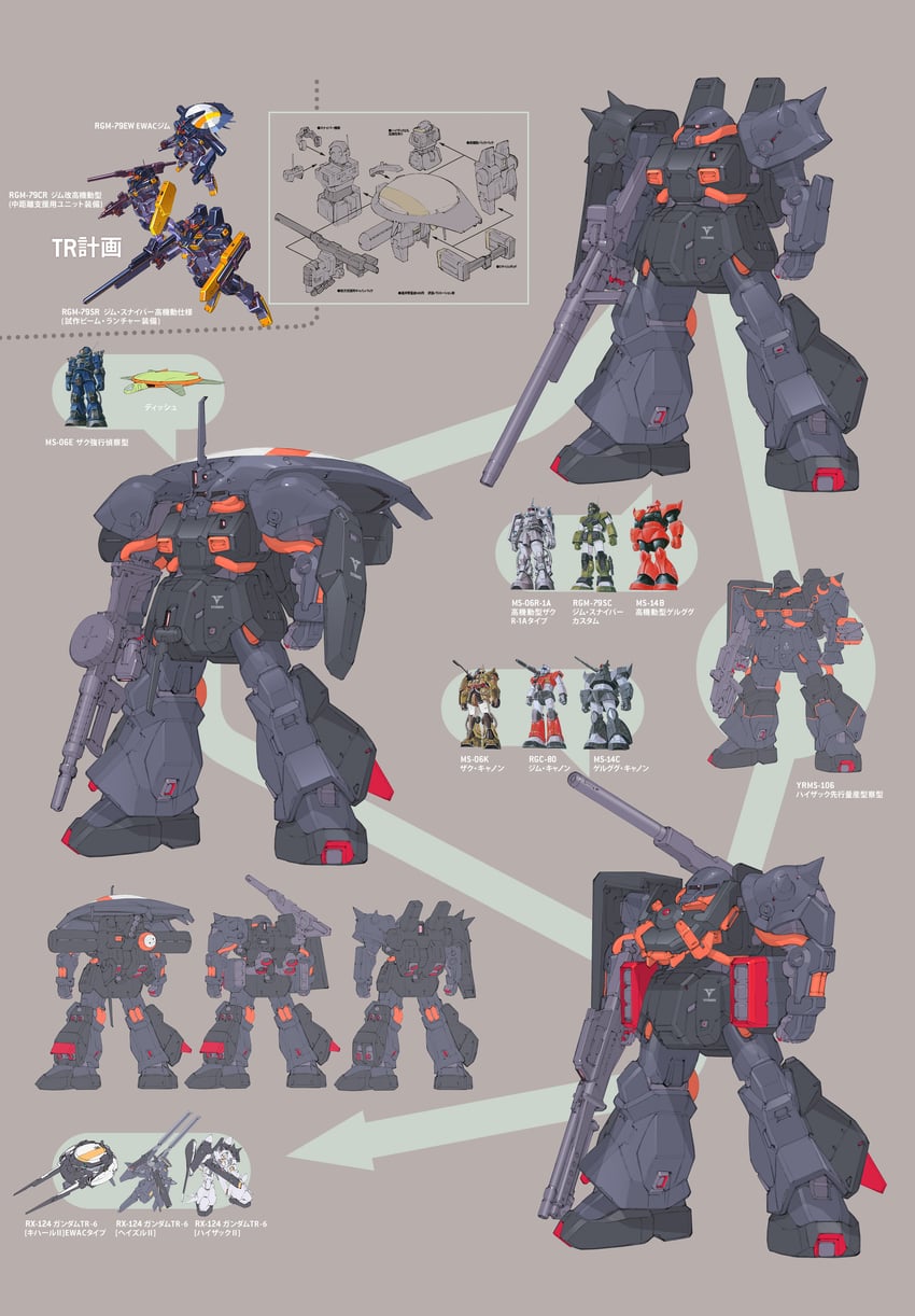 zaku ii, gm, gelgoog, hizack, tr-6 woundwort, and 5 more (gundam and 5 more) drawn by kenki_fujioka and ookawara_kunio