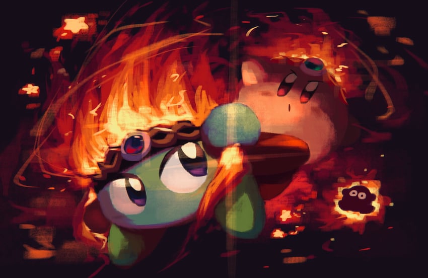 kirby, fire kirby, and burning leo (kirby) drawn by suyasuyabi