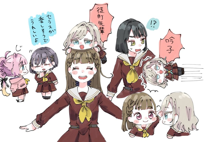 momose ginko, anyoji hime, kachimachi kosuzu, ceras yanagida lilienfeld, and katsuragi izumi (love live! and 1 more) drawn by moso_(expect66)