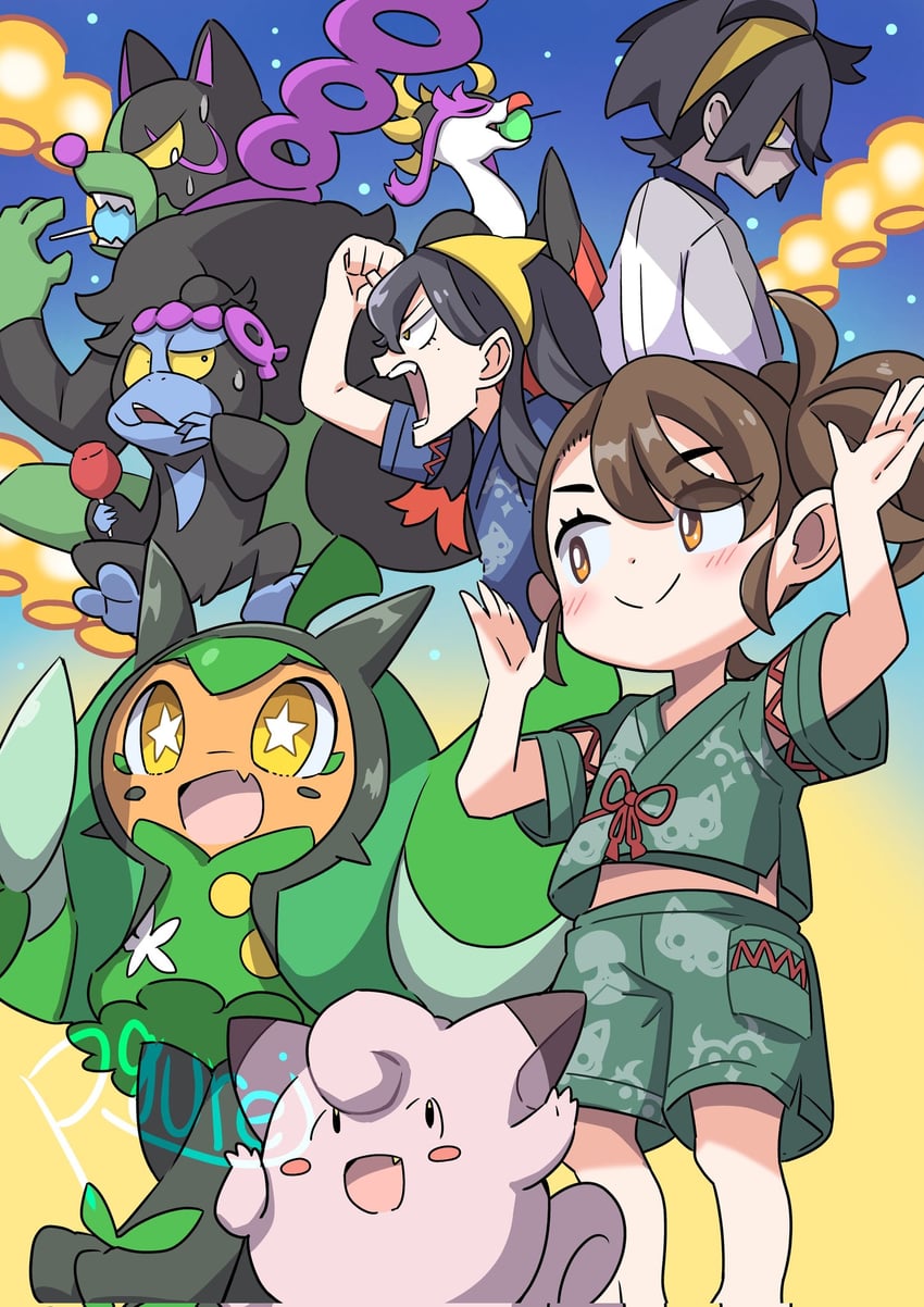 kieran, carmine, clefairy, ogerpon, okidogi, and 2 more (pokemon and 1 more) drawn by rgurei0529