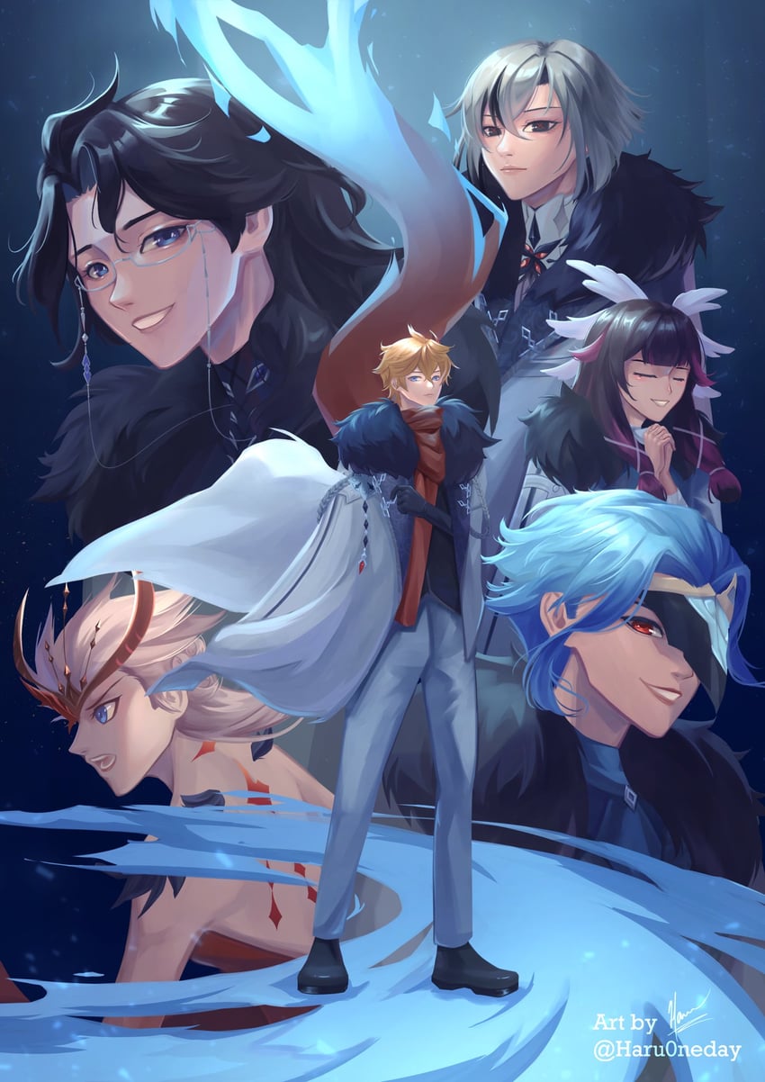 tartaglia, arlecchino, columbina, dottore, pantalone, and 1 more (genshin impact) drawn by haru0neday