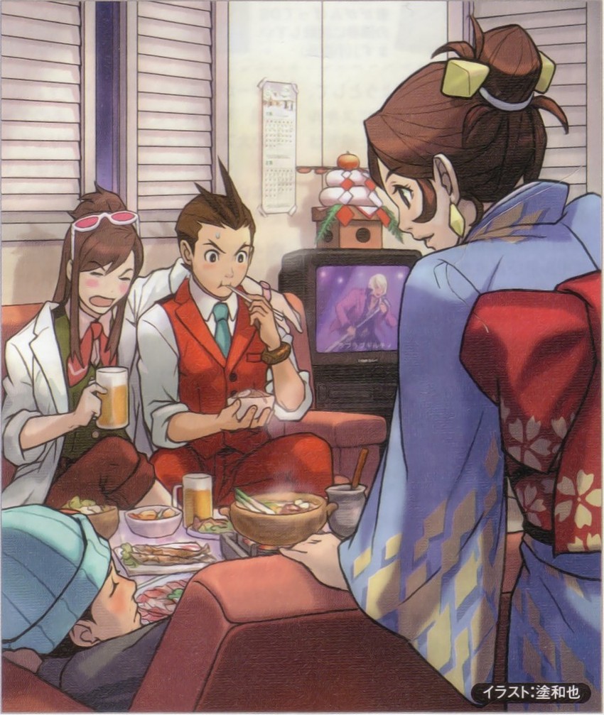 phoenix wright, apollo justice, trucy wright, klavier gavin, and ema skye (ace attorney and 1 more) drawn by nuri_kazuya