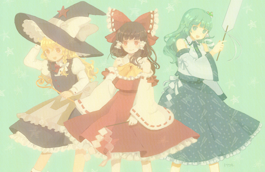 hakurei reimu, kirisame marisa, and kochiya sanae (touhou) drawn by keyaki_(mora_ll)