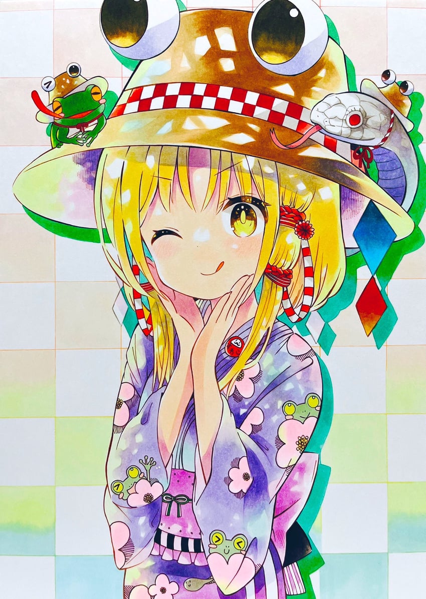 moriya suwako, pyonta, and mishaguji (touhou) drawn by yuzugoori