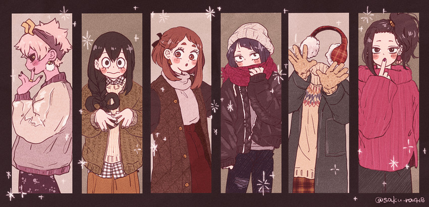 uraraka ochaco, asui tsuyu, yaoyorozu momo, ashido mina, jiro kyoka, and 1 more (boku no hero academia) drawn by sakura418
