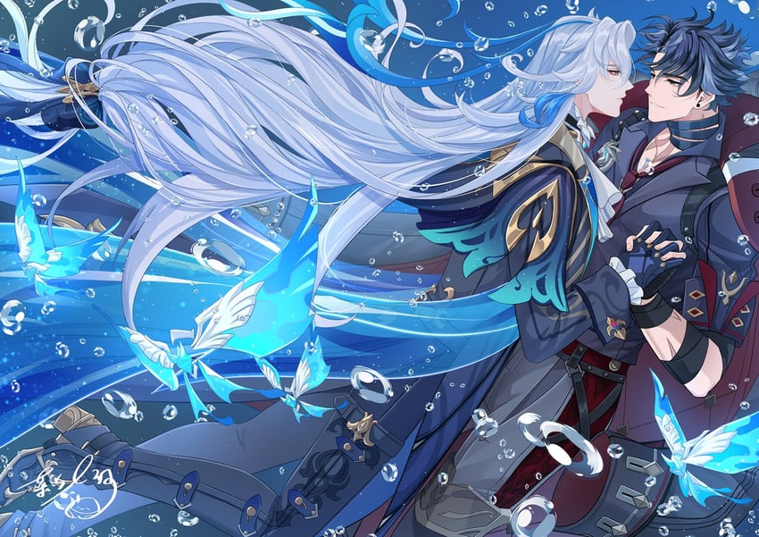 neuvillette, wriothesley, and crystalfly (genshin impact) drawn by 7-river