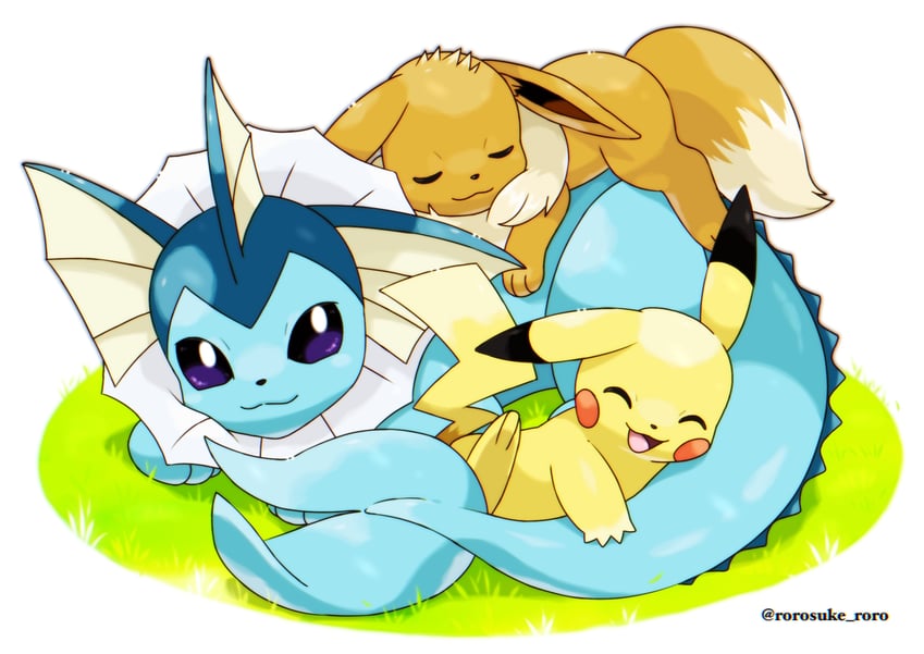 pikachu, eevee, and vaporeon (pokemon) drawn by rorosuke