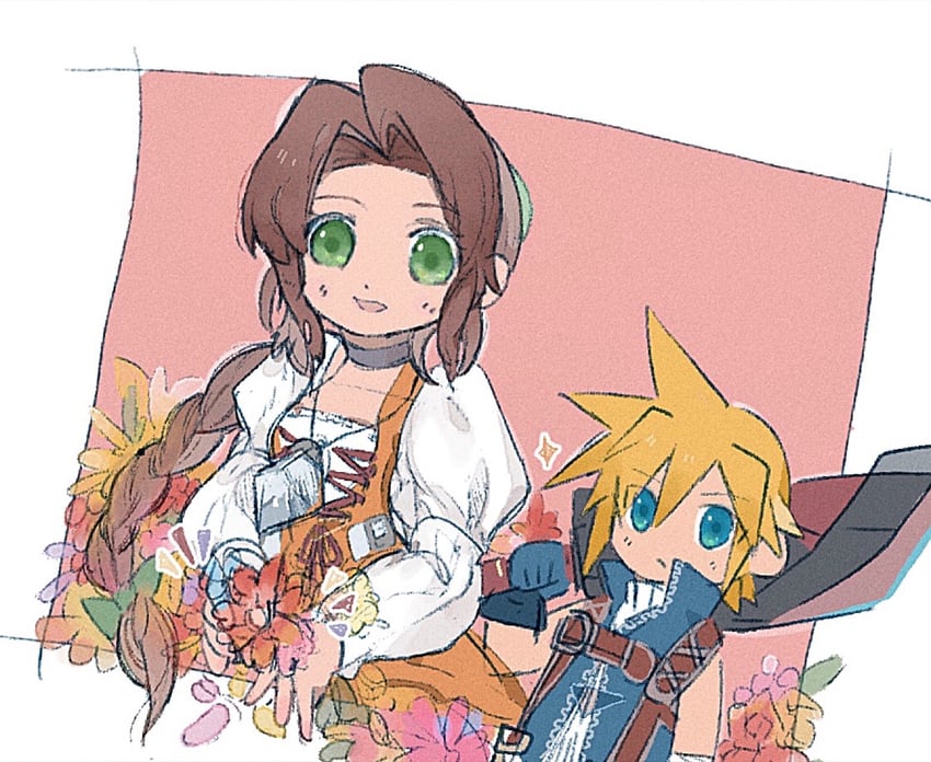 cloud strife, aerith gainsborough, zidane tribal, and garnet til alexandros xvii (final fantasy and 3 more) drawn by ankomochi_(tomatoaaa)