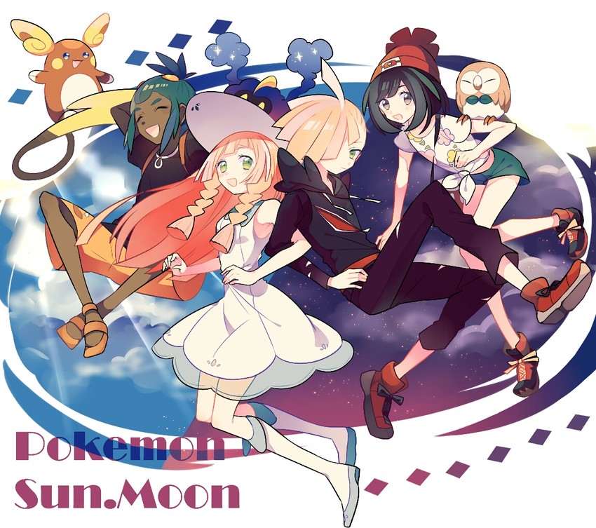 lillie, selene, rowlet, gladion, hau, and 2 more (pokemon and 1 more) drawn by nagatsukiariake