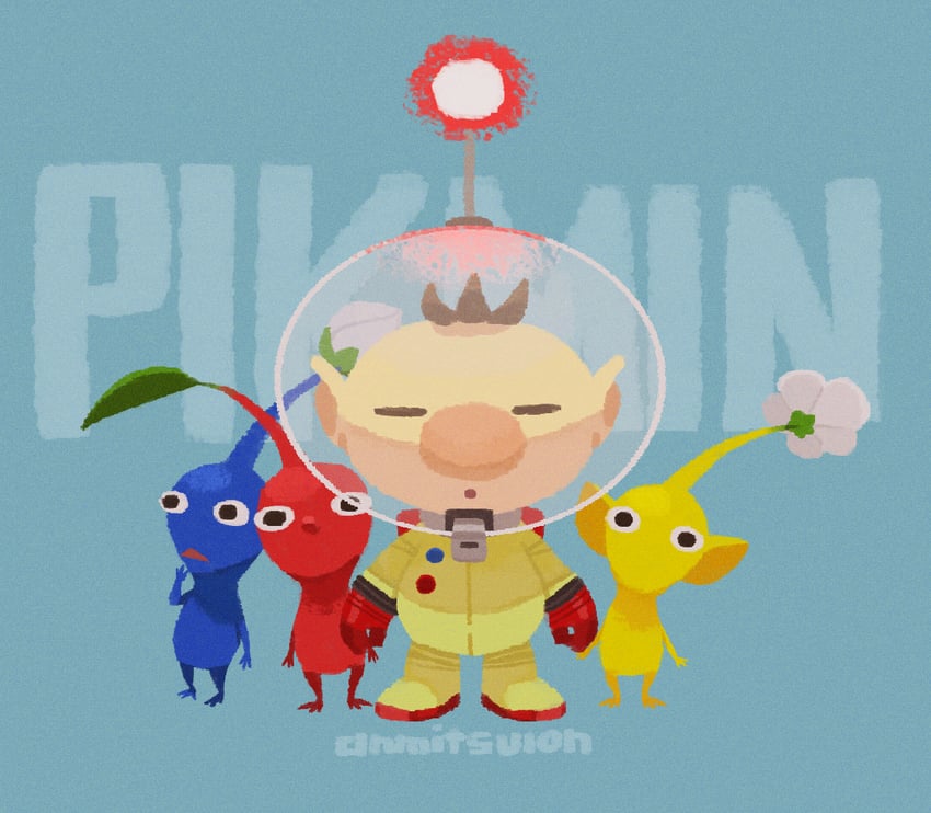 red pikmin, olimar, yellow pikmin, and blue pikmin (pikmin) drawn by azuki_(anmitsuion)