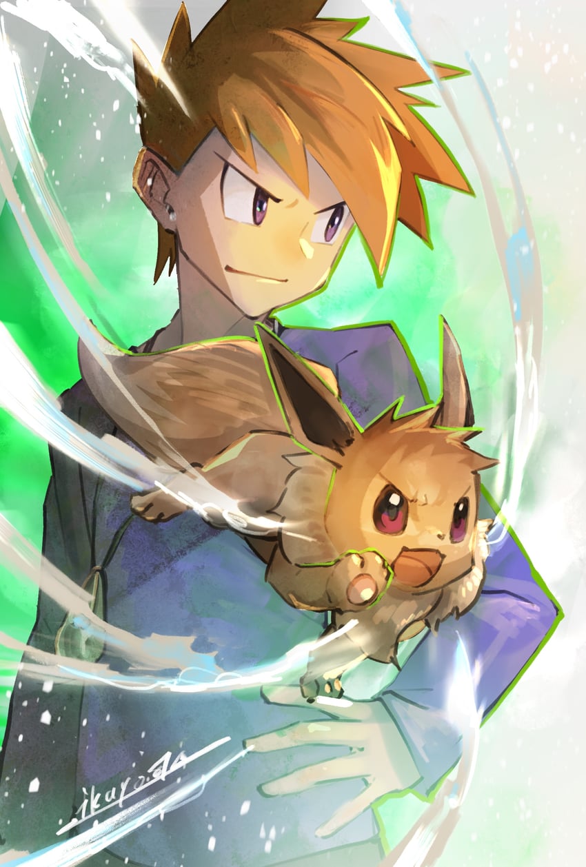 eevee and blue oak (pokemon and 1 more) drawn by ikuyoan