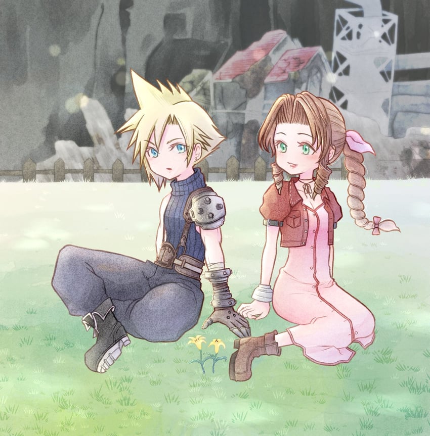 cloud strife and aerith gainsborough (final fantasy and 1 more) drawn by bluelimbo8888