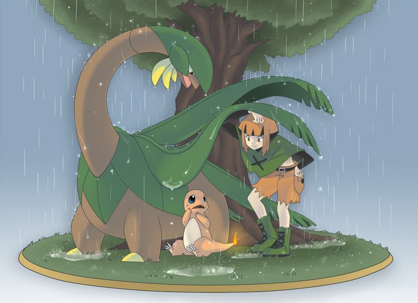charmander, gardenia, and tropius (pokemon and 1 more) drawn by halomiya