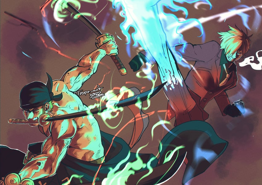 roronoa zoro and sanji (one piece) drawn by trope_art