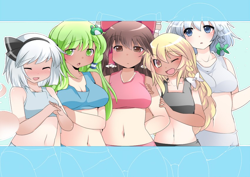 hakurei reimu, kirisame marisa, izayoi sakuya, kochiya sanae, and konpaku youmu (touhou) drawn by hammer_(sunset_beach)