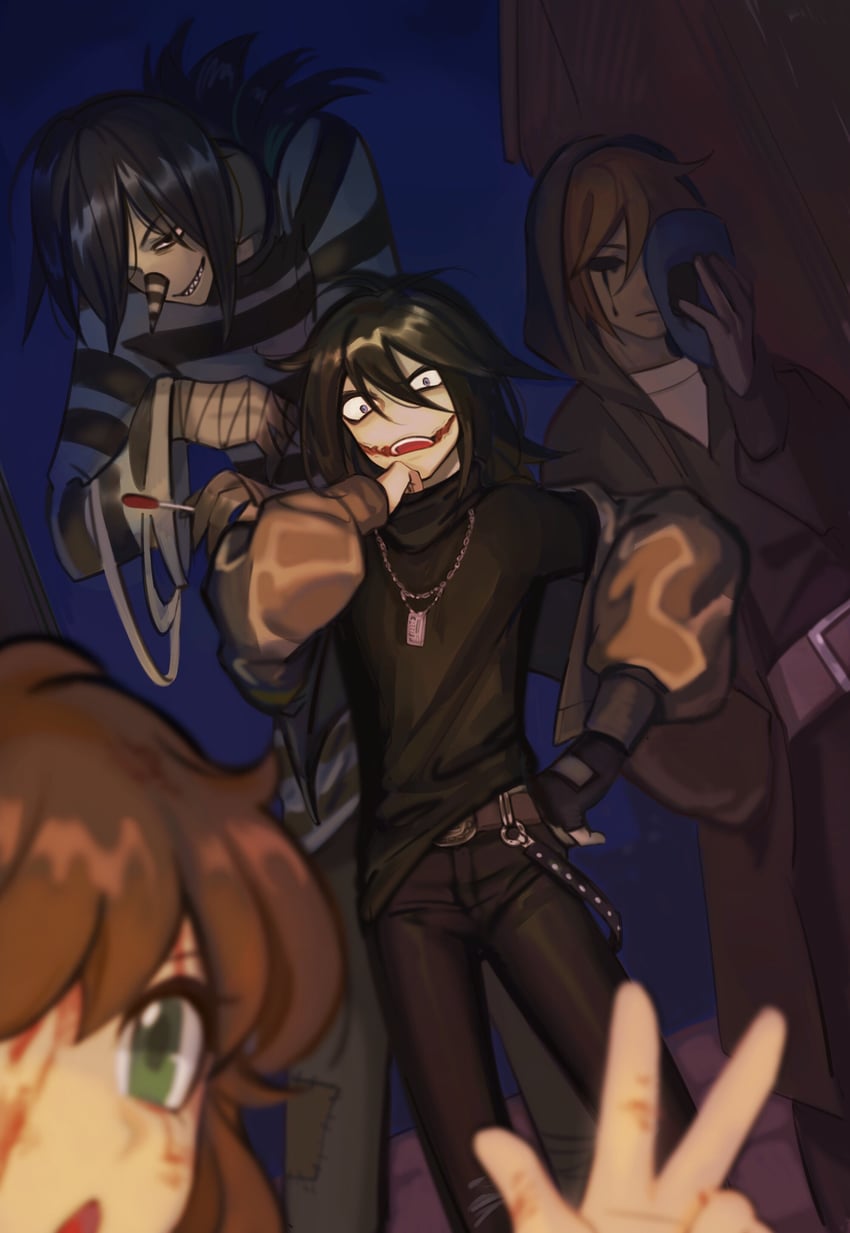 jeff the killer, eyeless jack, laughing jack, and sally williams (creepypasta) drawn by sgledehea